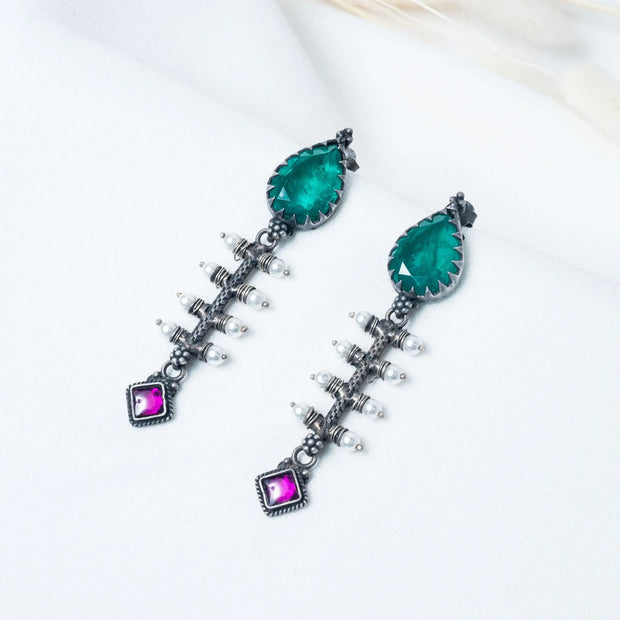 Graceful Emerald Long Pearl Hanging Earrings in 925 Premium Silver Jewelry for Women