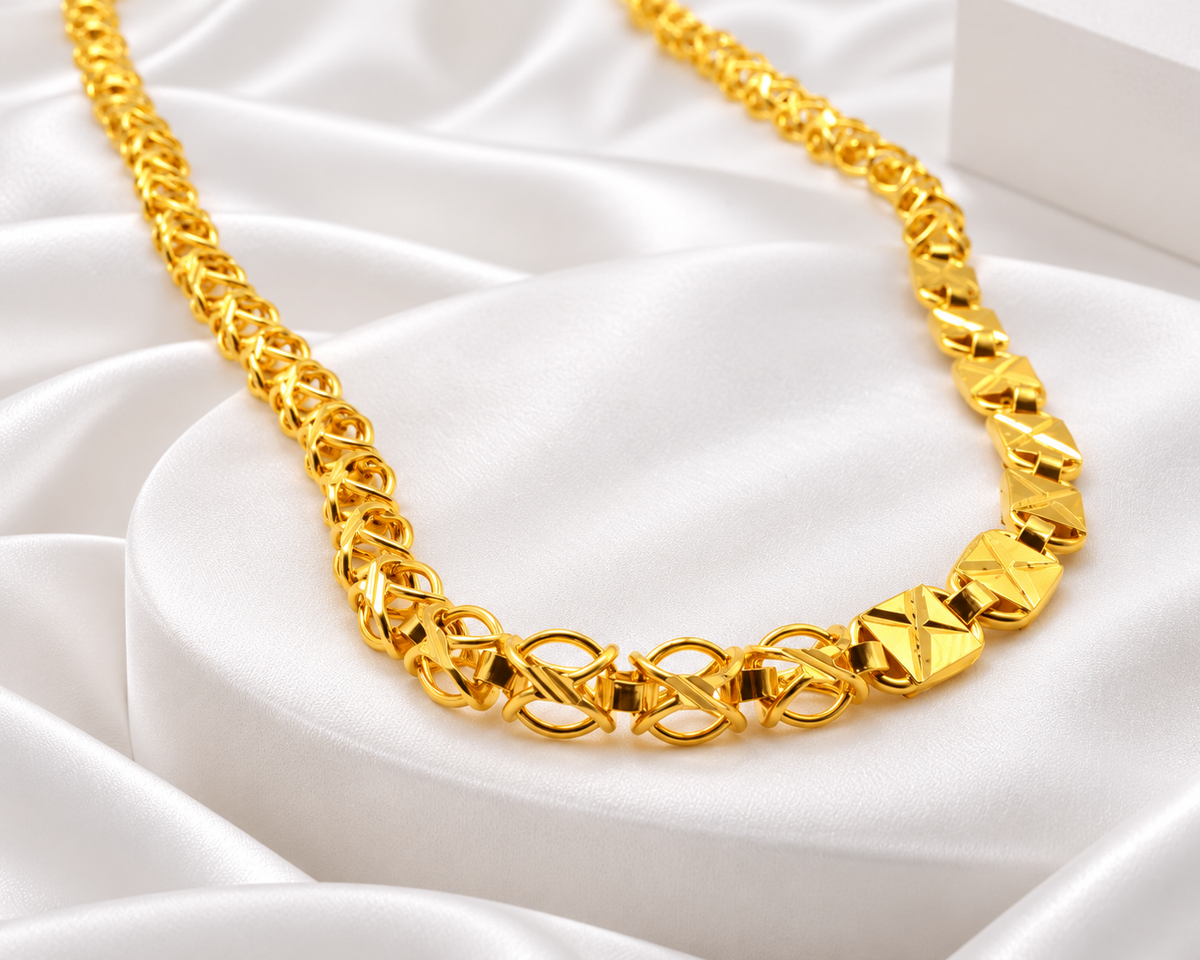 Gold Tone Faceted Geometric Link Chain Necklace