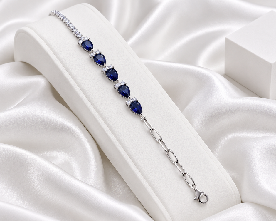 Silver Tone Blue Teardrop Five-Stone Bracelet