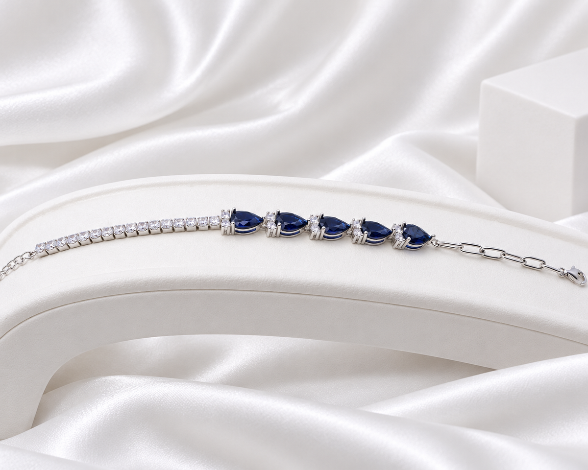 Silver Tone Blue Teardrop Five-Stone Bracelet
