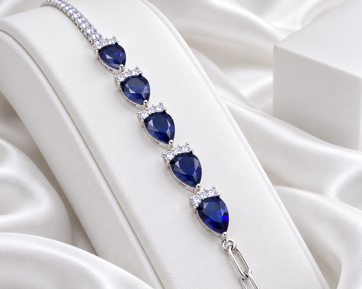 Silver Tone Blue Teardrop Five-Stone Bracelet