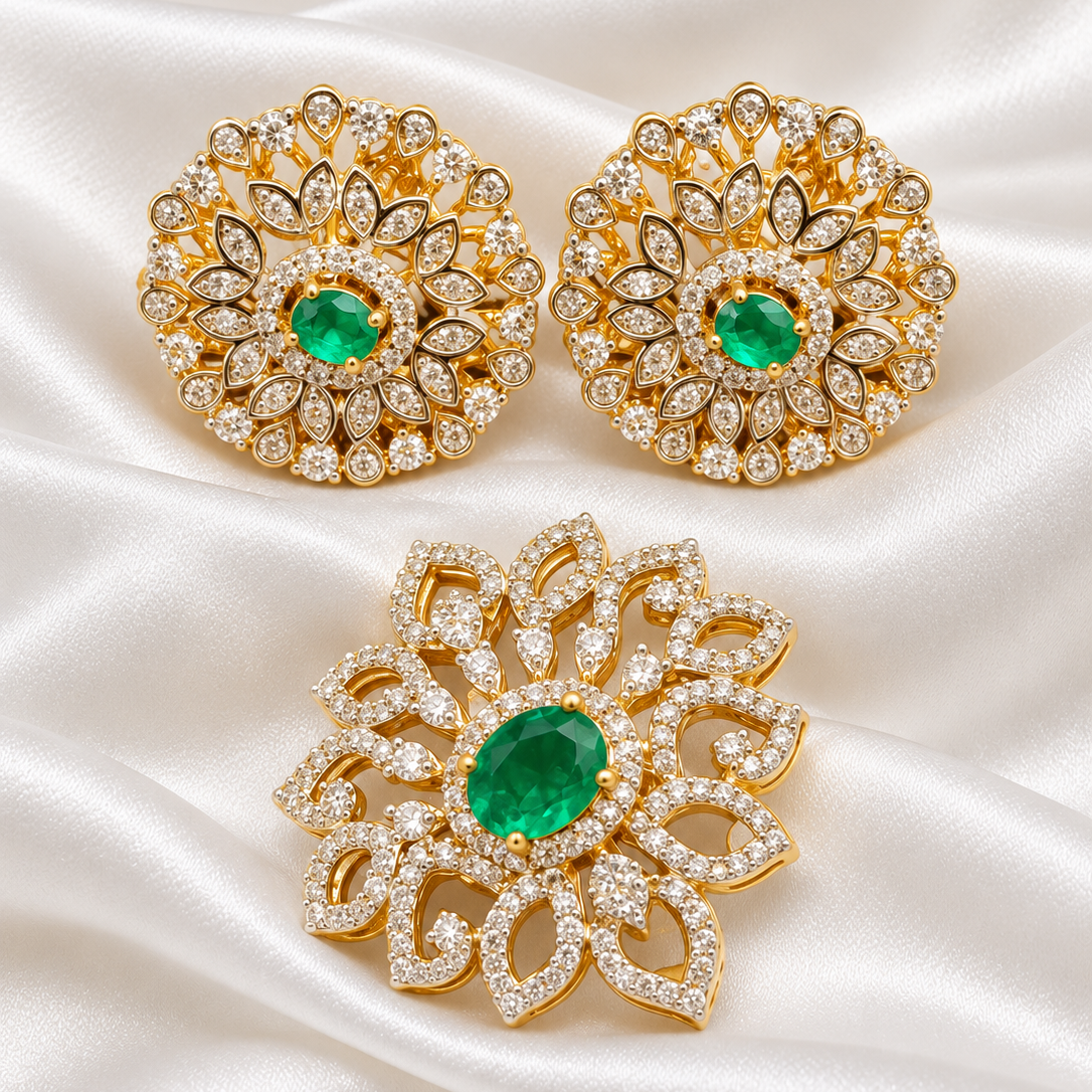 Royal Emerald Green 925 Sterling Silver Gold Polished Floral Pendant Set