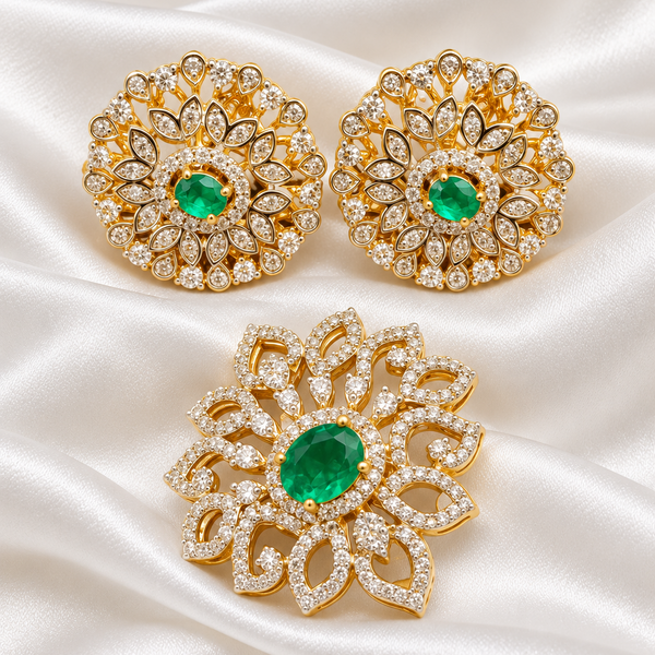 Royal Emerald Green 925 Sterling Silver Gold Polished Floral Pendant Set