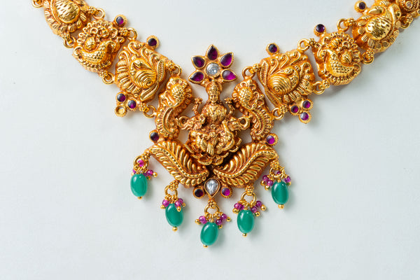Lakshmi Temple Gold-Plated Choker with Green Beads