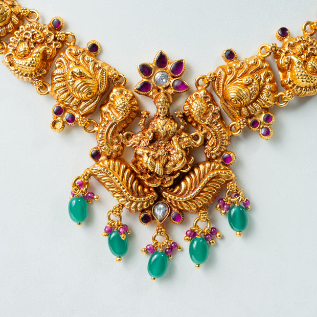 Lakshmi Temple Gold-Plated Choker with Green Beads