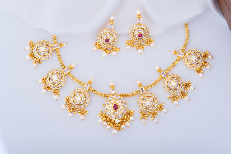 Ruby Polki Gold-Plated Necklace and Earrings Set