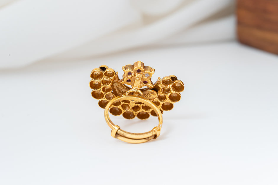 Chandrika Ruby Floral Gold-Plated 925 Silver Adjustable Ring