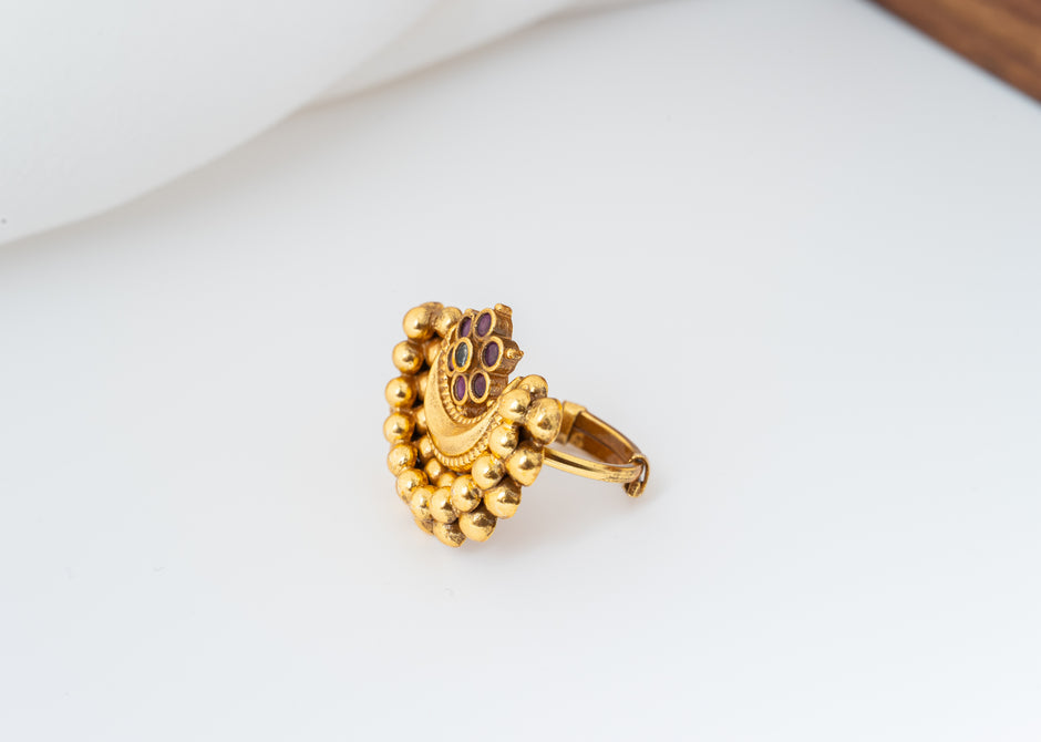 Chandrika Ruby Floral Gold-Plated 925 Silver Adjustable Ring