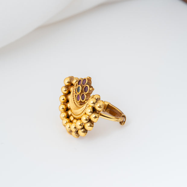 Chandrika Ruby Floral Gold-Plated 925 Silver Adjustable Ring