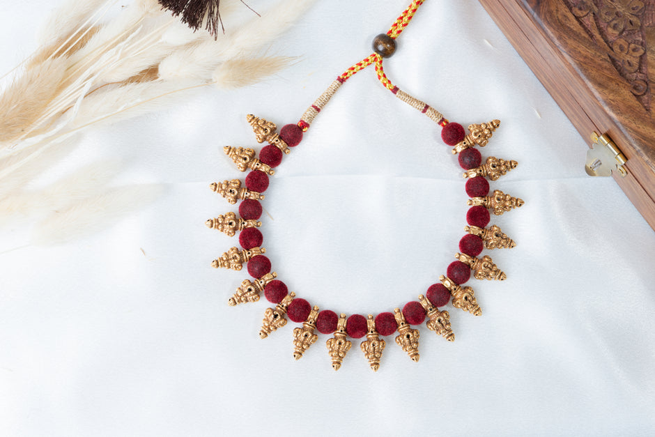Maroon Thread Temple Motif Gold-Plated Necklace