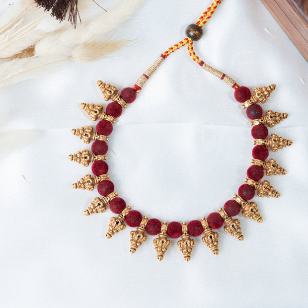 Maroon Thread Temple Motif Gold-Plated Necklace