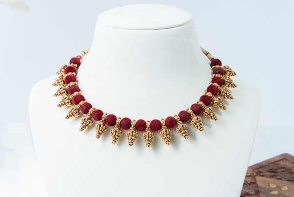 Maroon Thread Temple Motif Gold-Plated Necklace