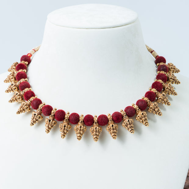 Maroon Thread Temple Motif Gold-Plated Necklace