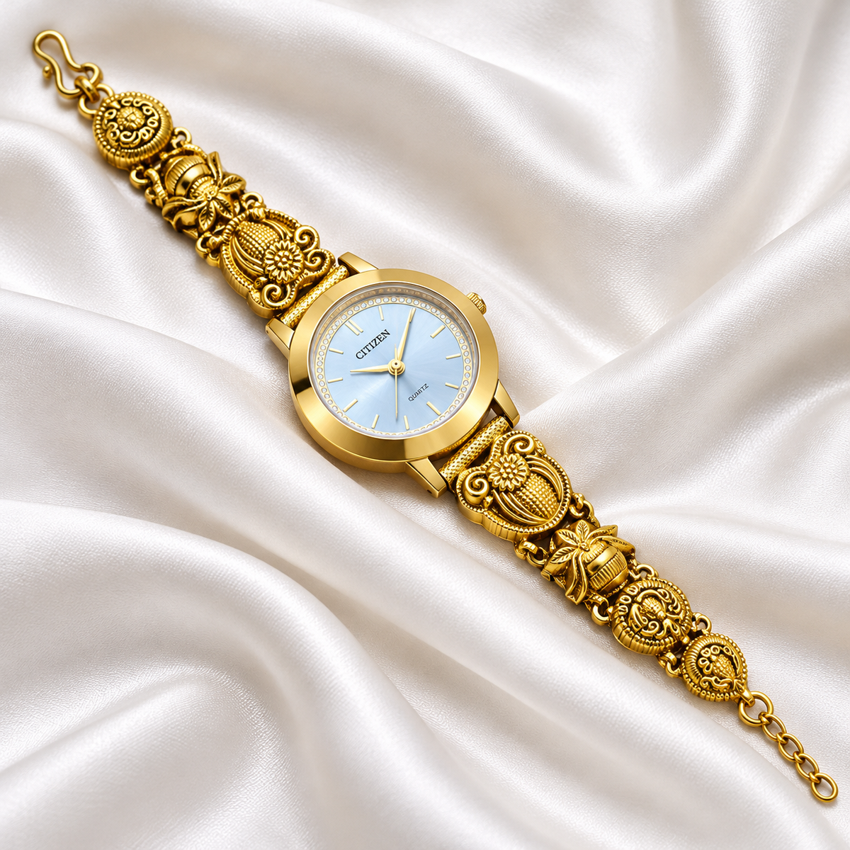 Royal Floral 925 Sterling Silver Gold Polished Designer Watch