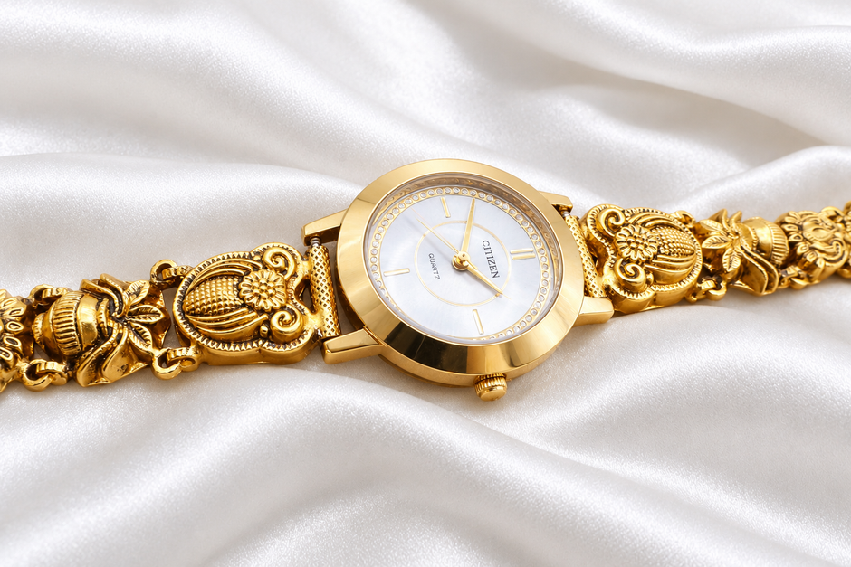 Royal Floral 925 Sterling Silver Gold Polished Designer Watch