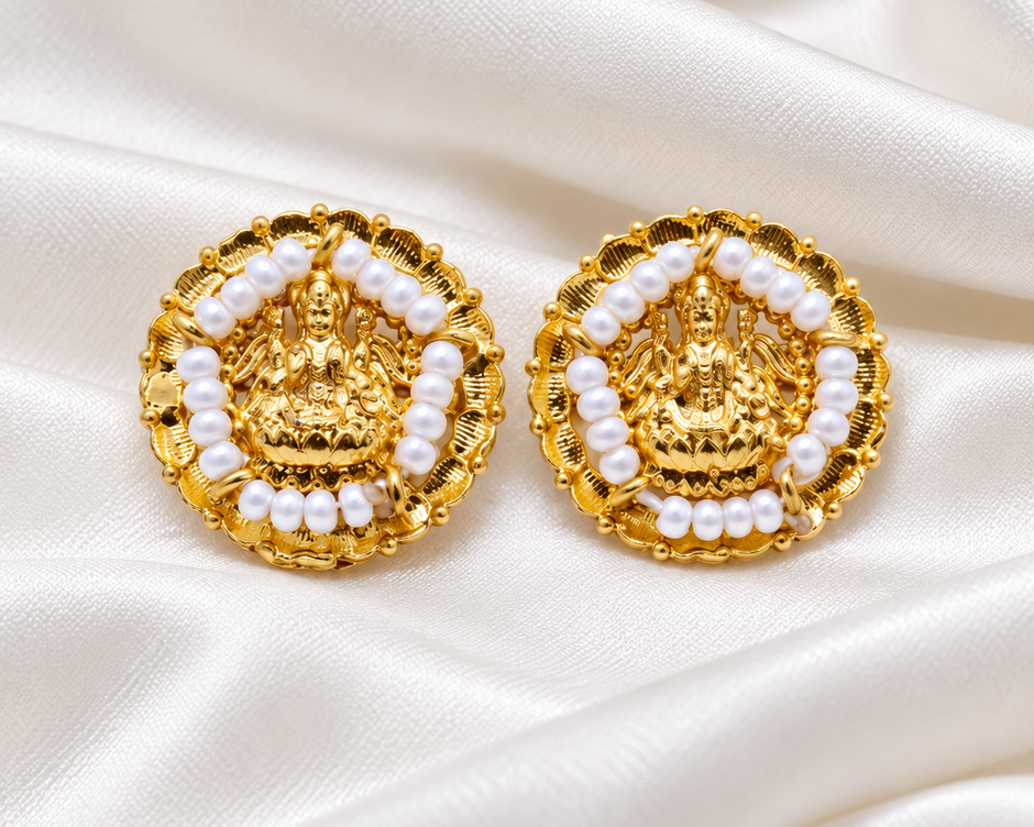 Divine Lakshmi Pearl 925 Silver Gold Polished Traditional Stud Earrings