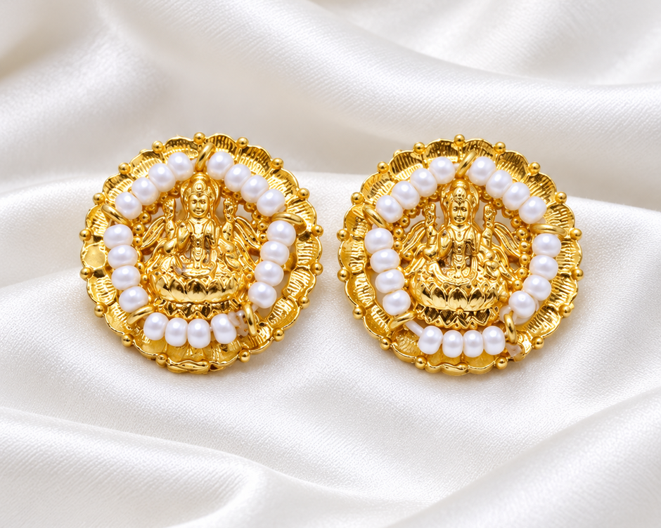 Divine Lakshmi Pearl 925 Silver Gold Polished Traditional Stud Earrings