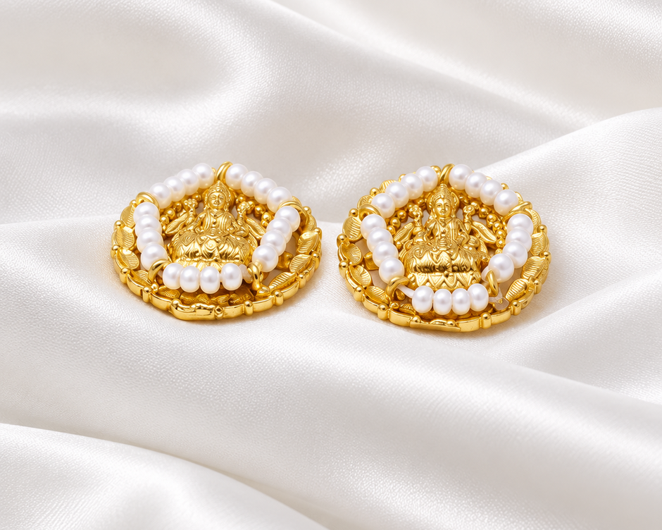 Divine Lakshmi Pearl 925 Silver Gold Polished Traditional Stud Earrings