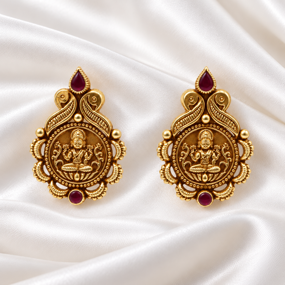 Divine Lakshmi 925 Silver Gold Polished Ruby Stone Temple Earrings
