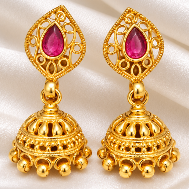 Royal Ruby Pink 925 Sterling Silver Gold Polished Jhumka Earrings