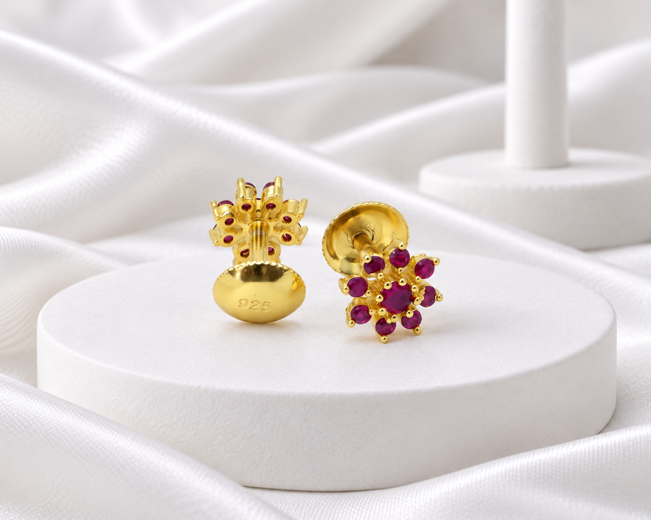 Gold Tone Magenta Stone Floral Stud Earrings with Screw Backs