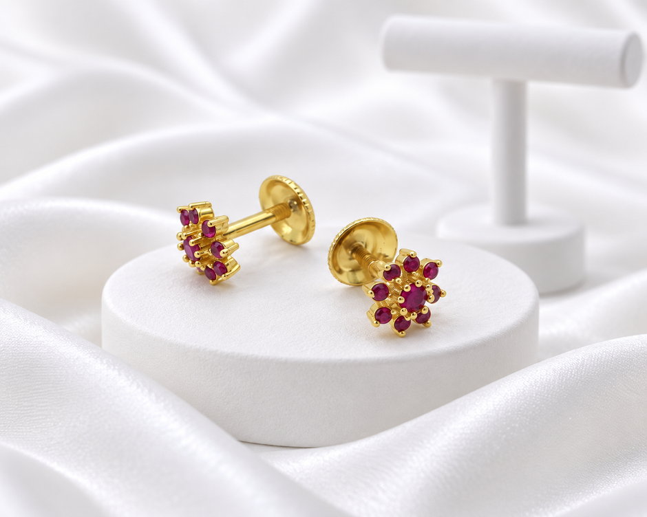 Gold Tone Magenta Stone Floral Stud Earrings with Screw Backs