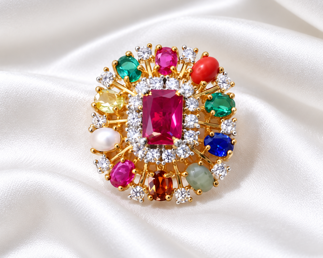 Royal Navratna Multicolor Stone 925 Silver Gold Polished Stud Earrings