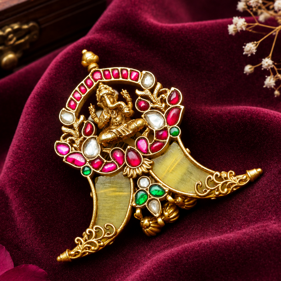 Lord Ganesha Antique 925 Premium Silver Gold-Plated Pendant