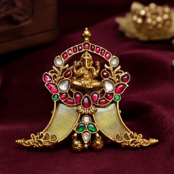 Lord Ganesha Antique 925 Premium Silver Gold-Plated Pendant