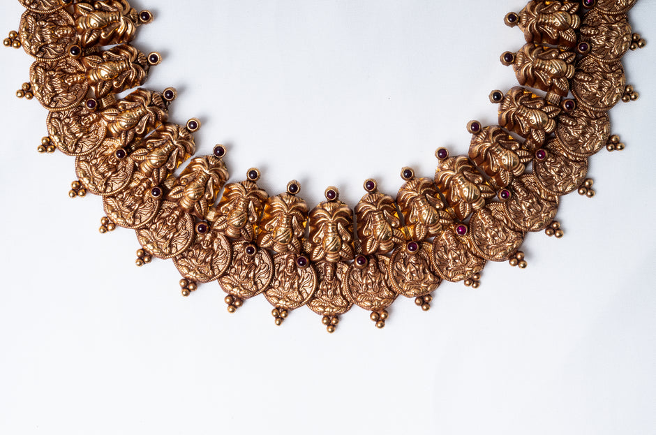 Lakshmi Coin Gold-Plated 925 Sterling Silver Temple Necklace with Ruby Stones