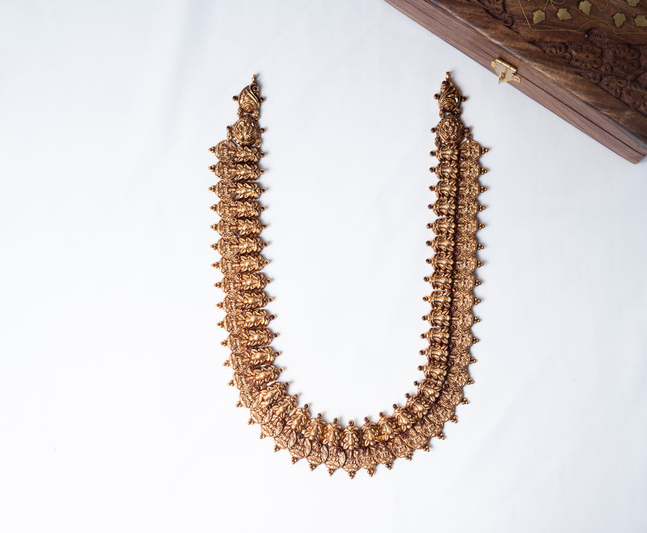 Lakshmi Coin Gold-Plated 925 Sterling Silver Temple Necklace with Ruby Stones