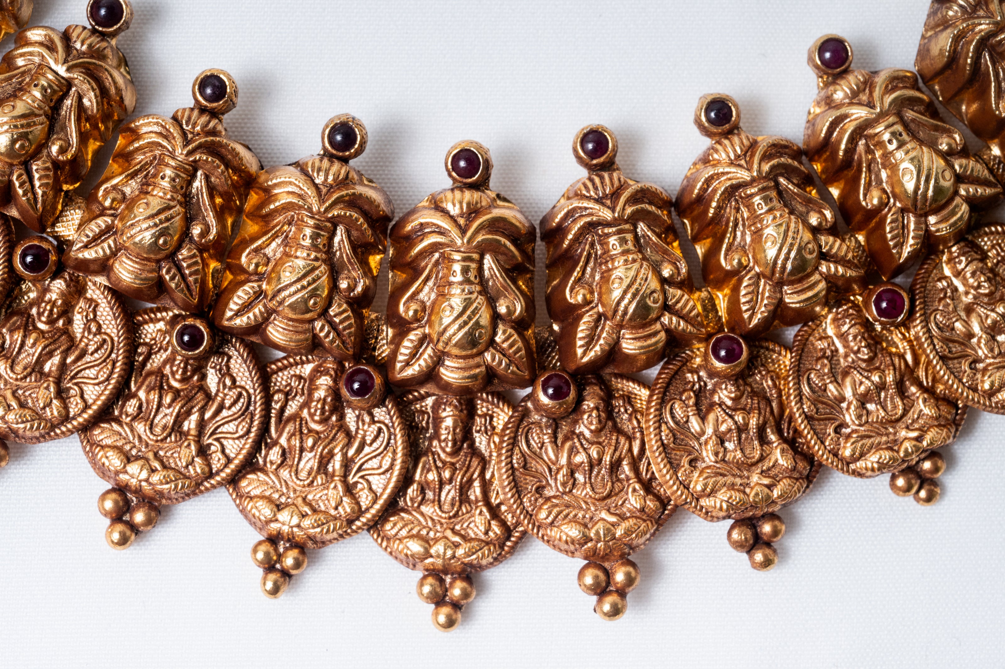 Lakshmi Coin Gold-Plated 925 Sterling Silver Temple Necklace with Ruby Stones