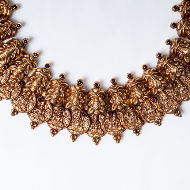 Lakshmi Coin Gold-Plated 925 Sterling Silver Temple Necklace with Ruby Stones