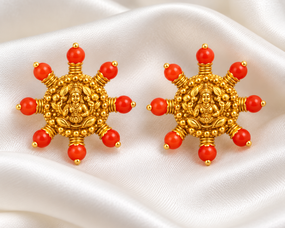 Divine Lakshmi 925 Sterling Silver Gold Polished Red Beaded Stud Earrings