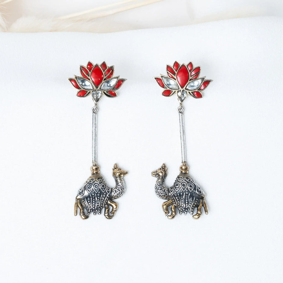 925 Premium Silver Lotus Camel Hanging Earrings