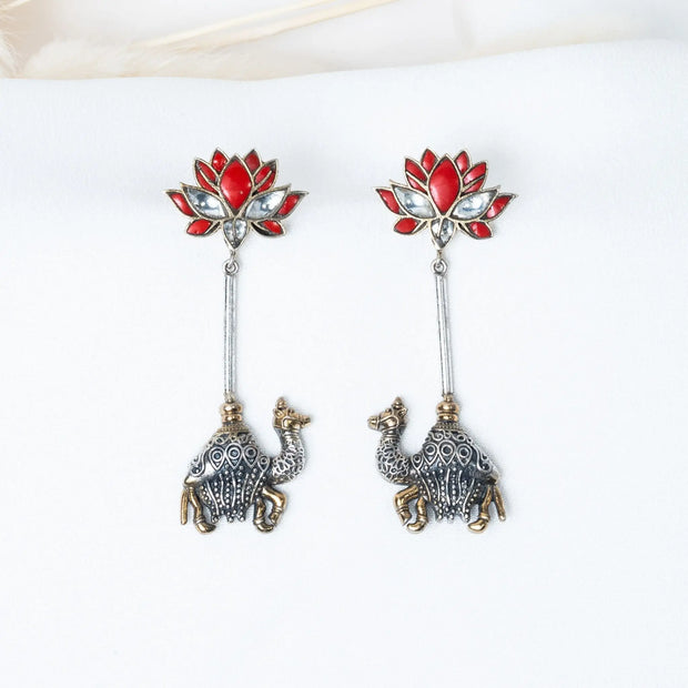 925 Premium Silver Lotus Camel Hanging Earrings