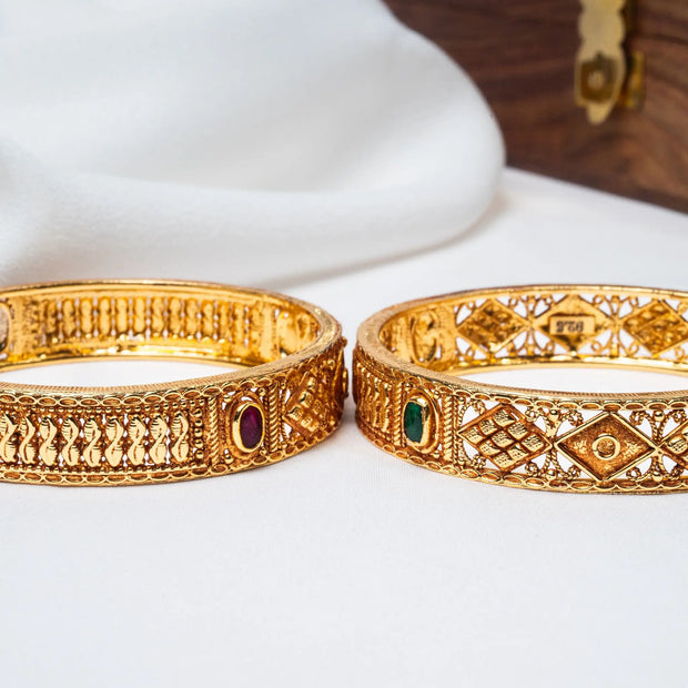 925 Premium Silver Muldesign Gold Finish Bangles (Pair)