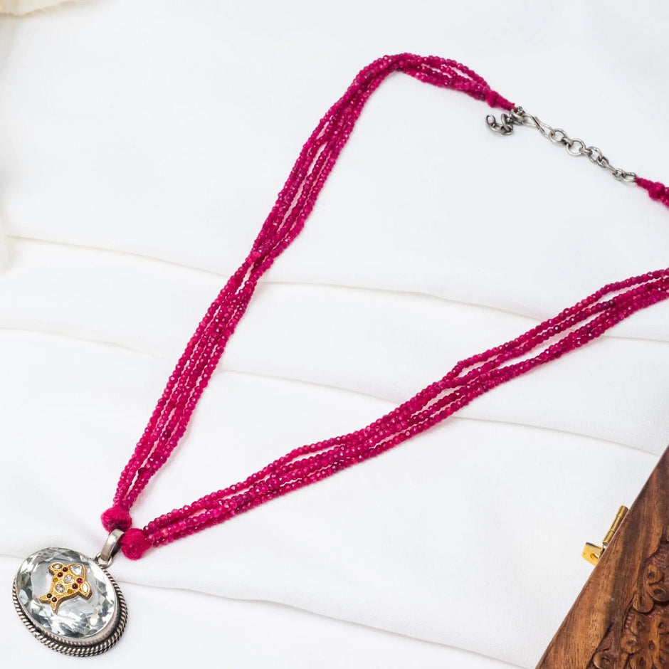 Royal Jaipur 925 Premium Matsya Crystal Ruby Beads Silver Necklace