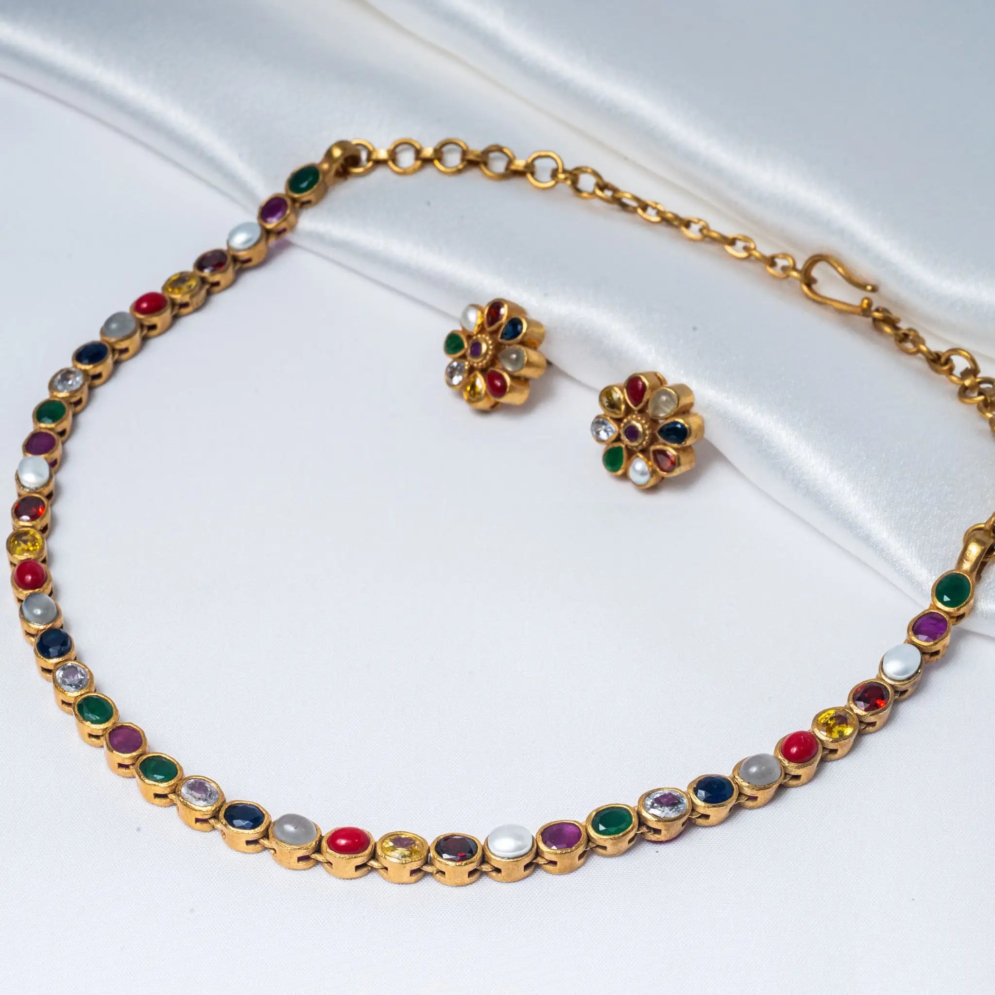 925 Premium Silver Monoline Navratna Necklace Set