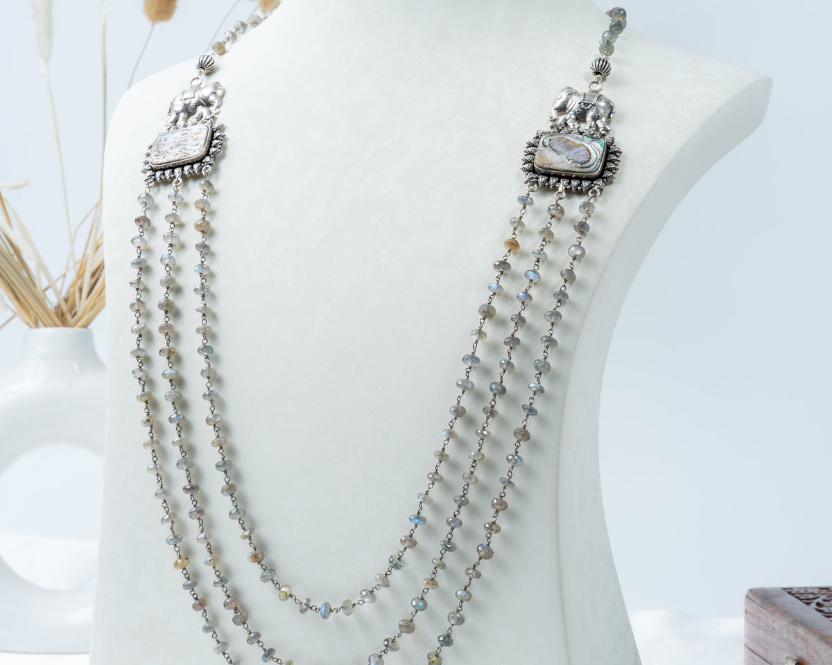 Oxidised Silver Elephant Multi-Layer Beaded Necklace
