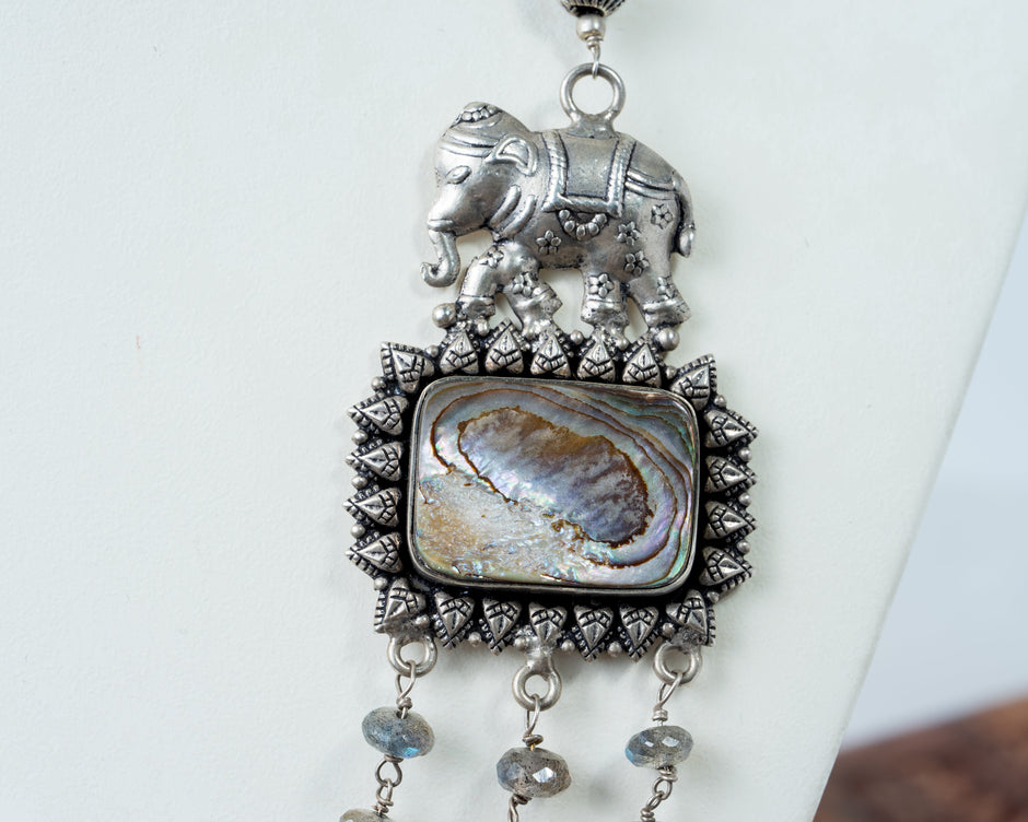 Oxidised Silver Elephant Multi-Layer Beaded Necklace