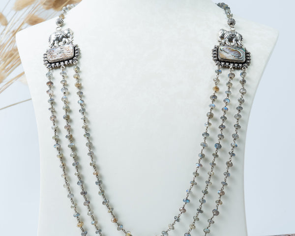 Oxidised Silver Elephant Multi-Layer Beaded Necklace