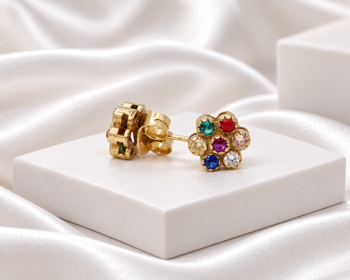 Gold Tone Multicolor Stone Floral Stud Earrings