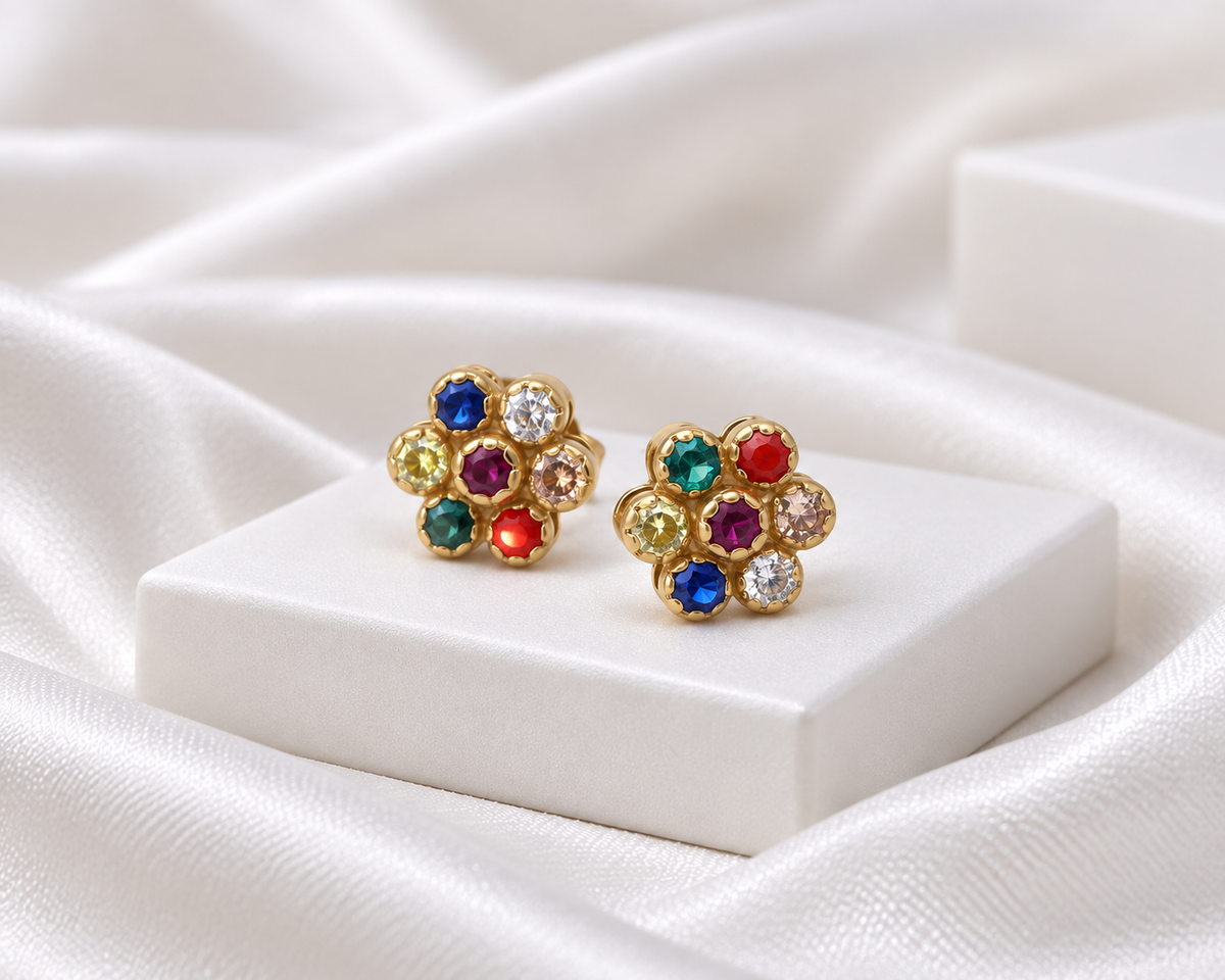 Gold Tone Multicolor Stone Floral Stud Earrings
