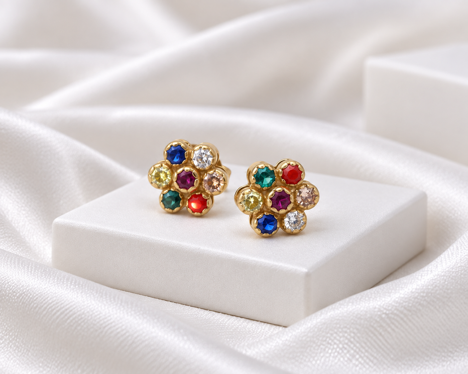 Gold Tone Multicolor Stone Floral Stud Earrings