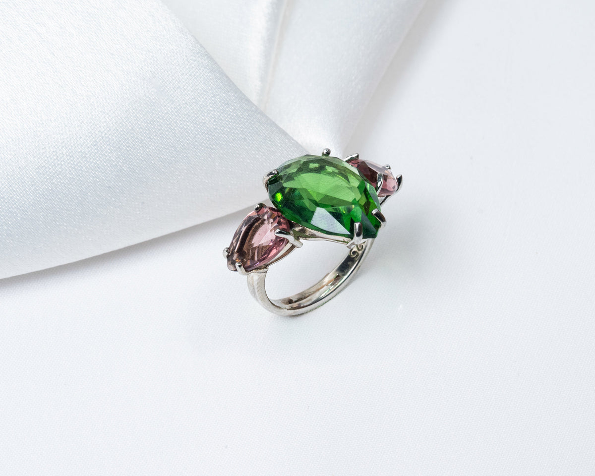 Emerald Green & Pink Teardrop Stone Statement Ring – Silver-Tone Finish