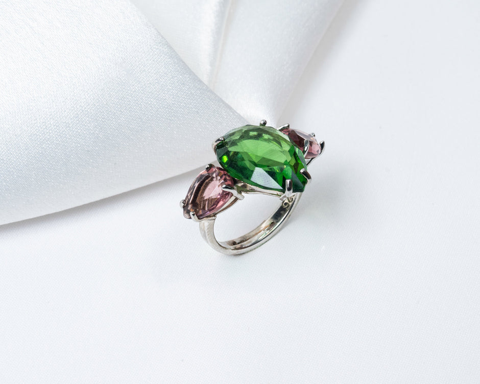 Emerald Green & Pink Teardrop Stone Statement Ring – Silver-Tone Finish