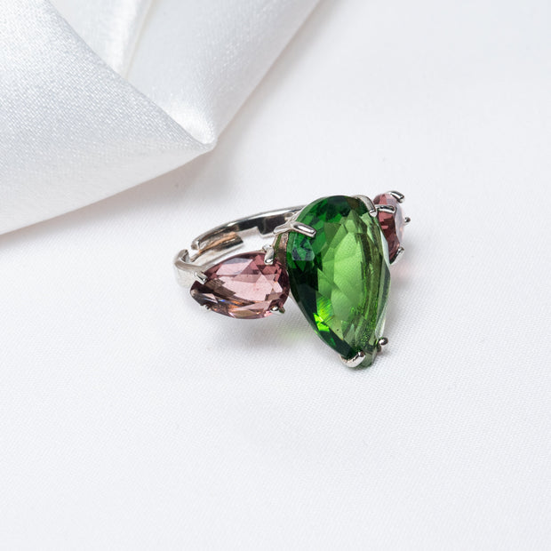 Emerald Green & Pink Teardrop Stone Statement Ring – Silver-Tone Finish