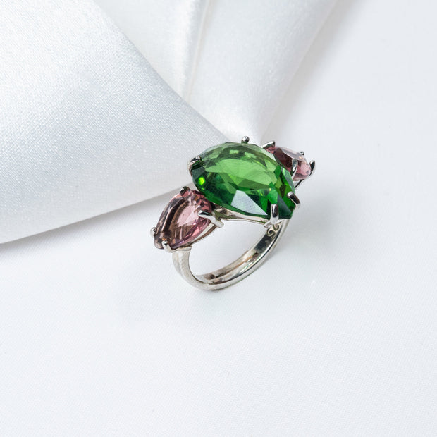 Emerald Green & Pink Teardrop Stone Statement Ring – Silver-Tone Finish
