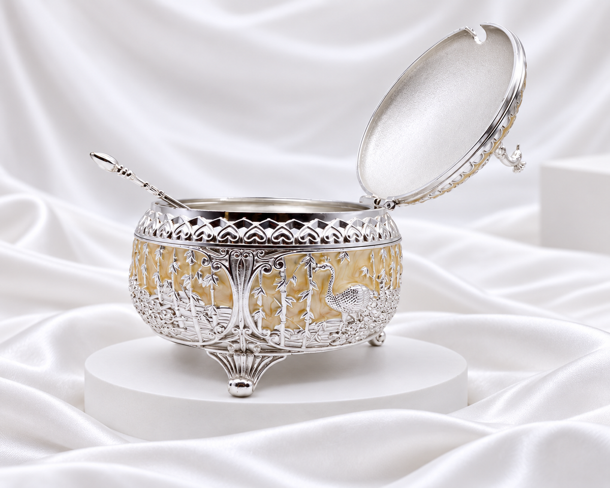 Ornate Silver Finish Peacock Serving Bowl with Lid & Spoon
